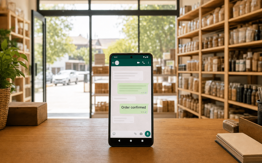 WhatsApp marketing Pretoria — a small business counter with a smartphone showing a WhatsApp Business order confirmation chat