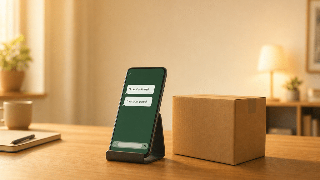 whatsapp message templates example showing order confirmation and delivery update chat bubbles on a smartphone screen beside a shipping box