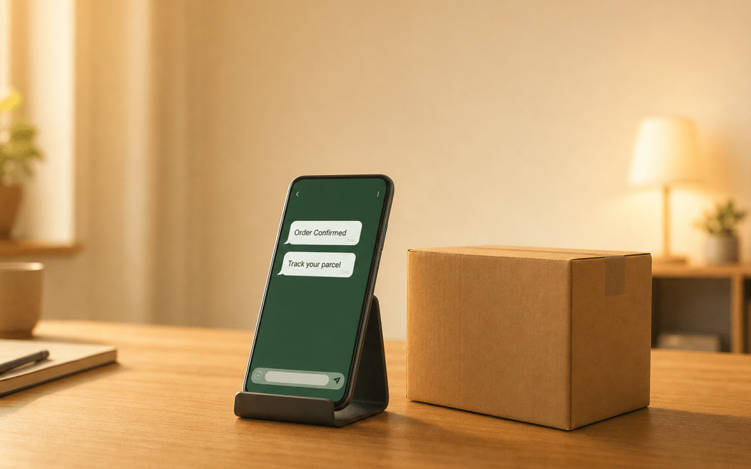 whatsapp message templates example showing order confirmation and delivery update chat bubbles on a smartphone screen beside a shipping box