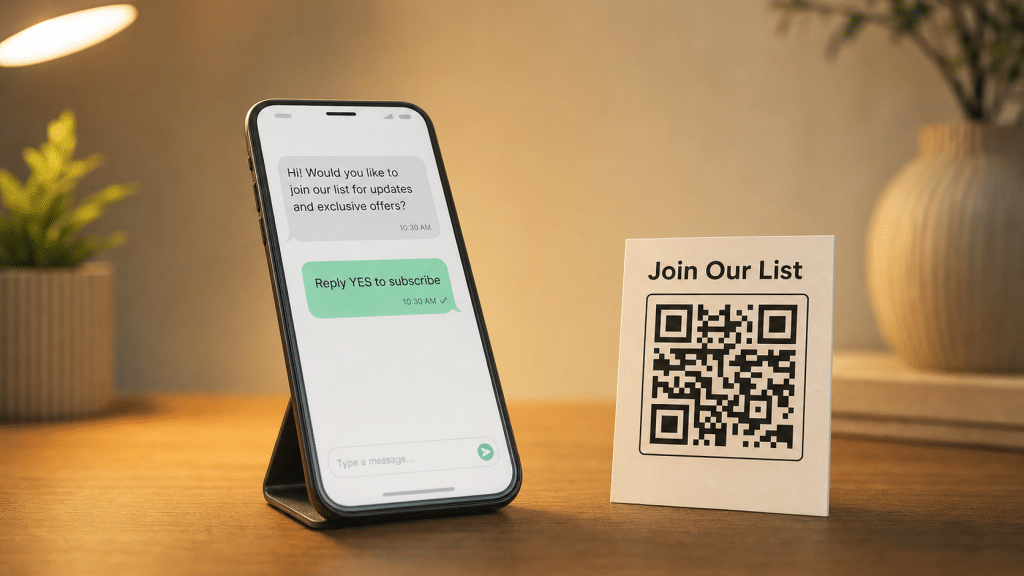 WhatsApp opt-in strategies — smartphone showing a consent subscription prompt beside a printed QR code card on a wooden desk