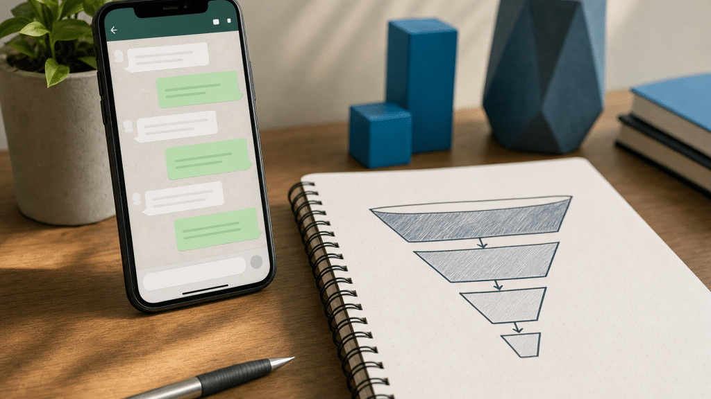 whatsapp sales funnel south africa — smartphone showing a chat thread beside a hand-drawn sales funnel diagram