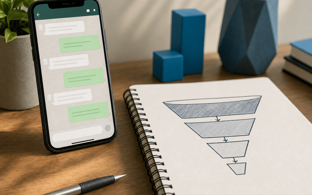 whatsapp sales funnel south africa — smartphone showing a chat thread beside a hand-drawn sales funnel diagram
