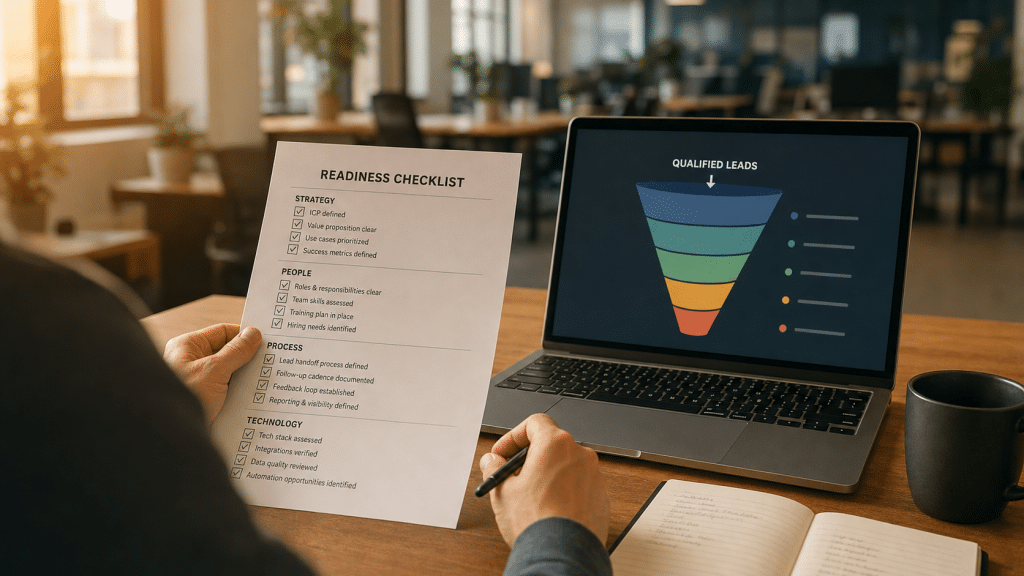 Hire a lead generation agency readiness checklist reviewed beside a laptop showing a pipeline funnel diagram