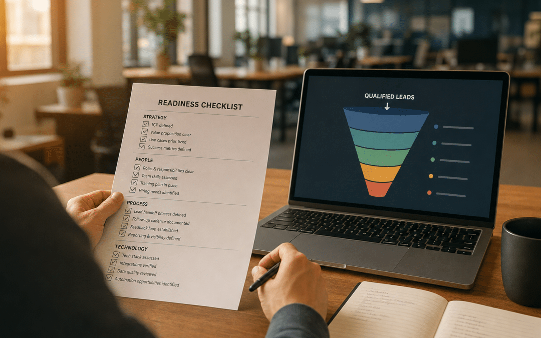 Hire a lead generation agency readiness checklist reviewed beside a laptop showing a pipeline funnel diagram