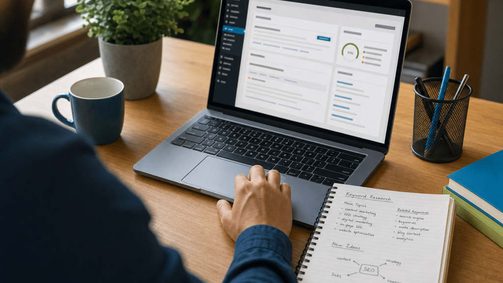 wordpress seo south africa professional reviewing website optimisation settings on laptop