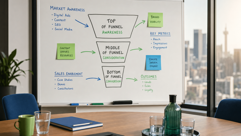 b2b seo funnel diagram on whiteboard in South African business office