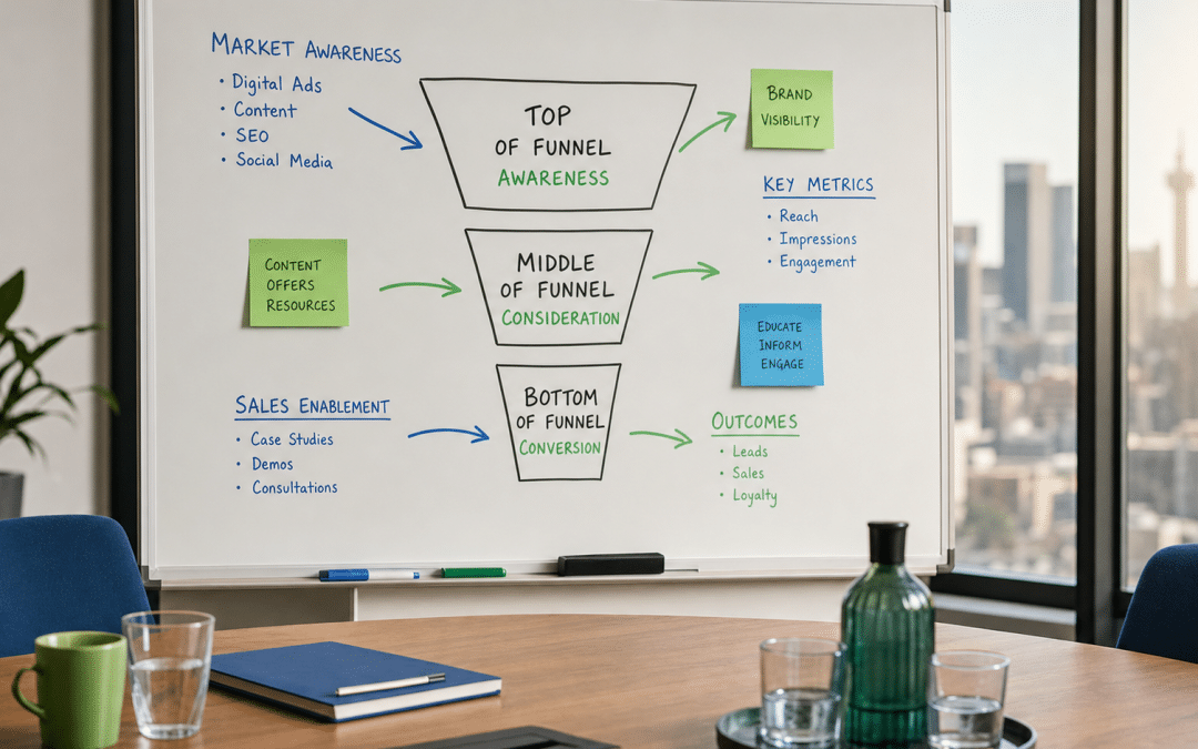 b2b seo funnel diagram on whiteboard in South African business office