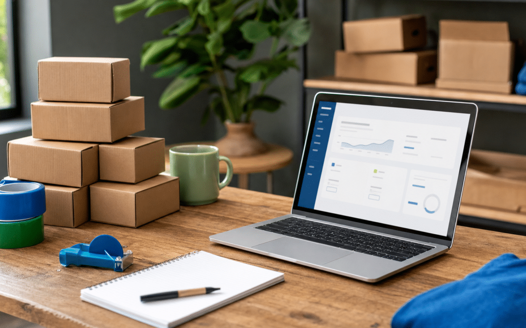 benefits of ecommerce shown through product boxes and laptop on a desk representing an SA online store