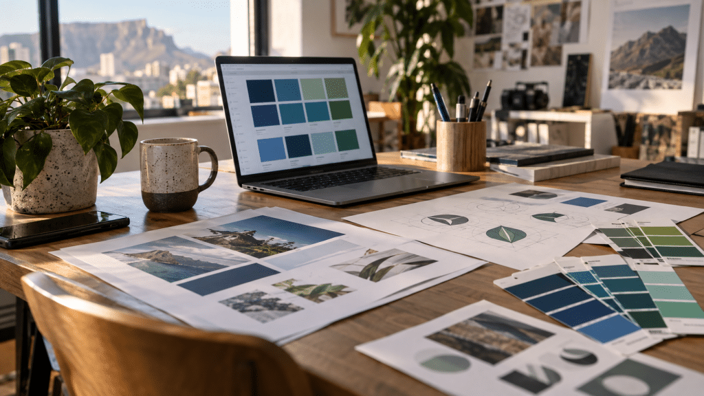 Branding South Africa project on a designer desk showing logo concepts, colour swatches and brand guidelines