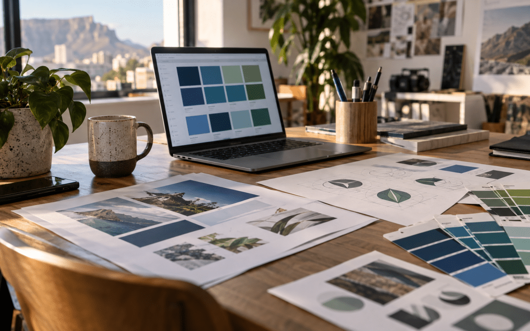Branding South Africa project on a designer desk showing logo concepts, colour swatches and brand guidelines