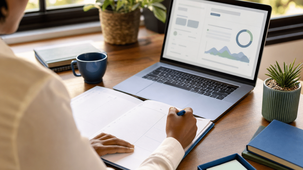 calendly vs google calendar — professional desk setup with laptop and planner for SA business scheduling