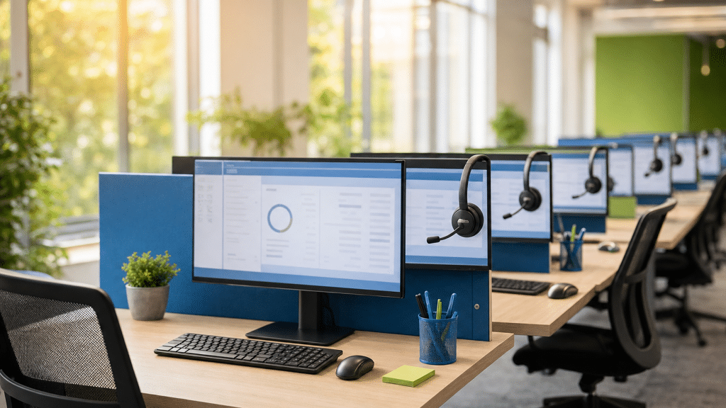 call centre costs south africa — rows of agent workstations with headsets in a professional SA call centre