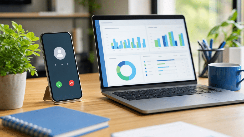 call tracking software analytics dashboard on laptop beside smartphone showing incoming call