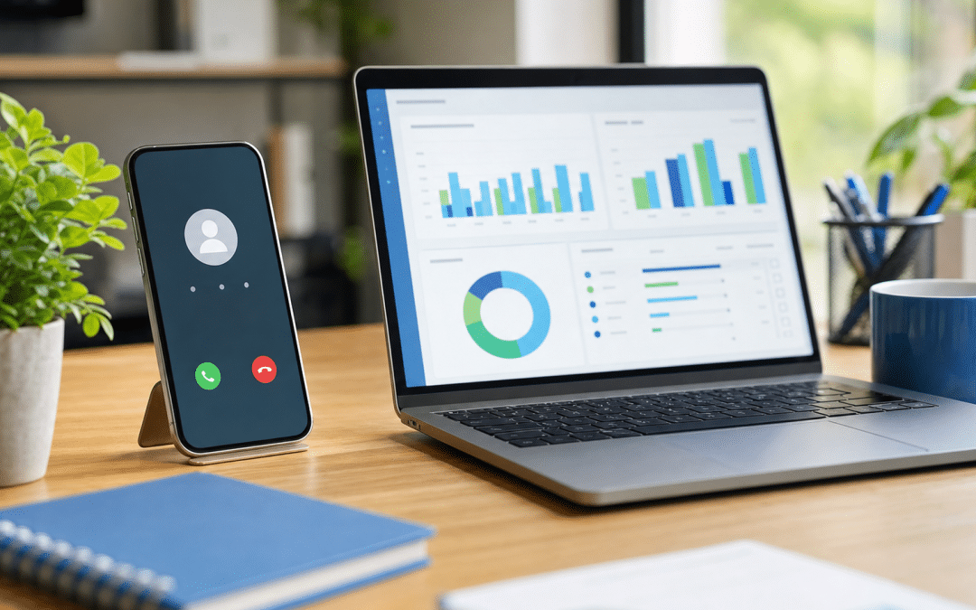 call tracking software analytics dashboard on laptop beside smartphone showing incoming call