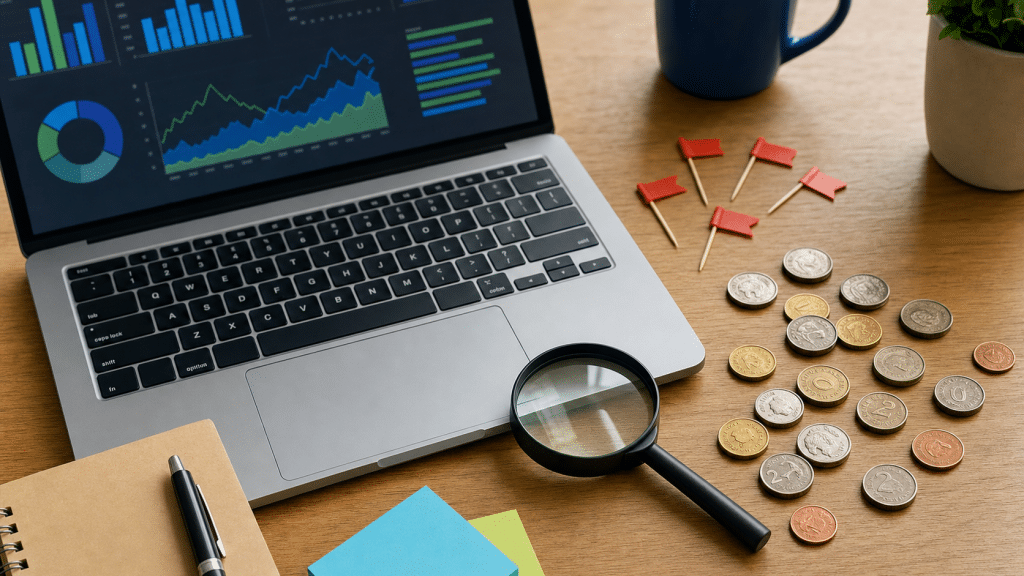 click fraud google ads detection setup with laptop analytics and Rand coins on desk