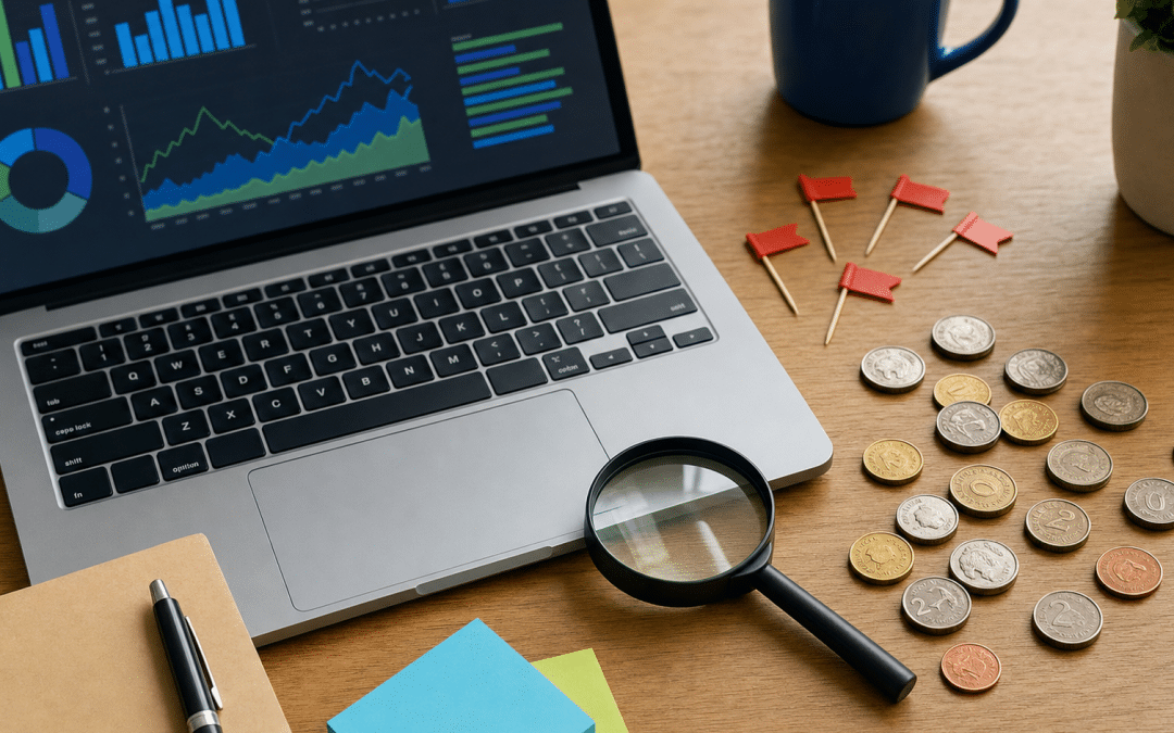 click fraud google ads detection setup with laptop analytics and Rand coins on desk