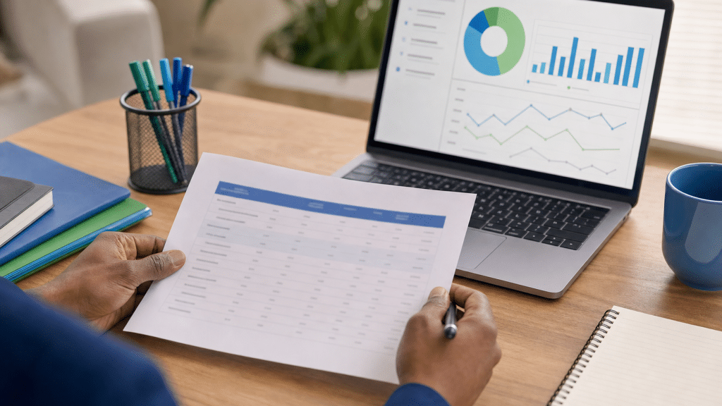 cold email lead generation professional reviewing B2B prospect list at desk