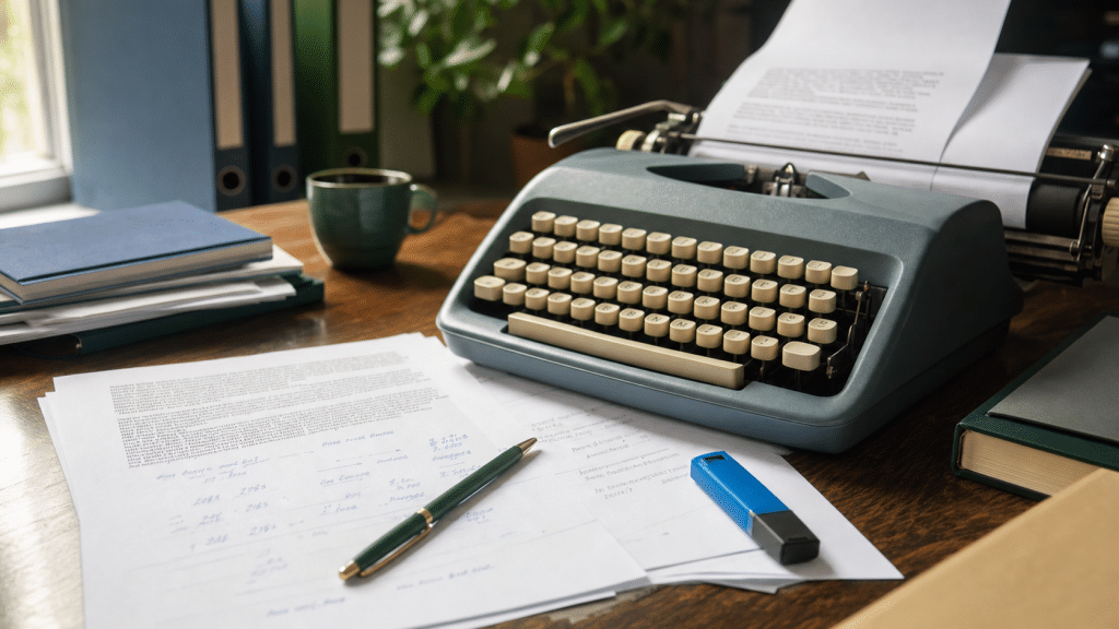copywriting rates south africa - typewriter with rate documents on a wooden desk