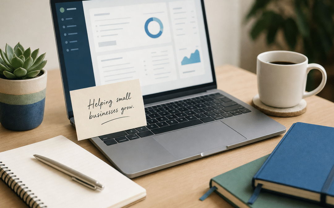 create business email — laptop with custom domain business card on a desk