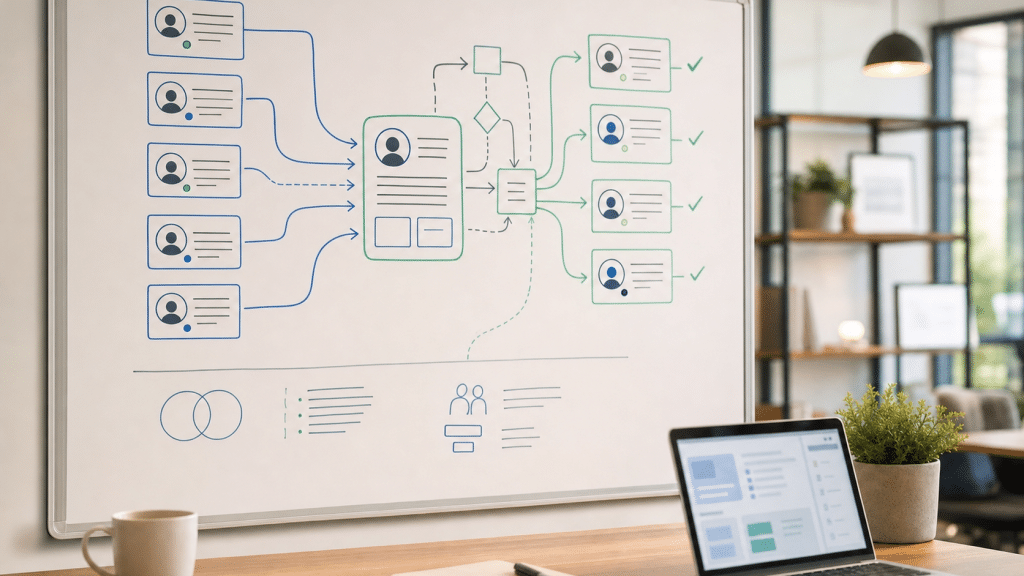 crm duplicate contact cleanup guide whiteboard showing data deduplication process