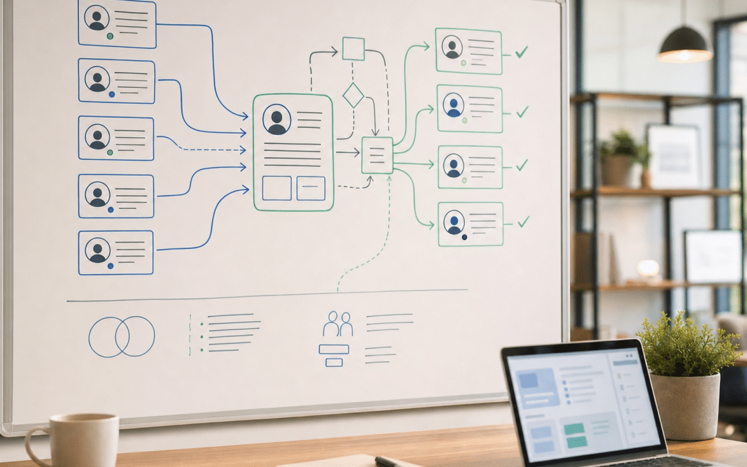 crm duplicate contact cleanup guide whiteboard showing data deduplication process