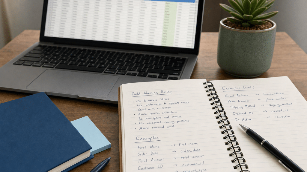 crm field naming convention — laptop with field naming guidelines and notebook on a wooden desk