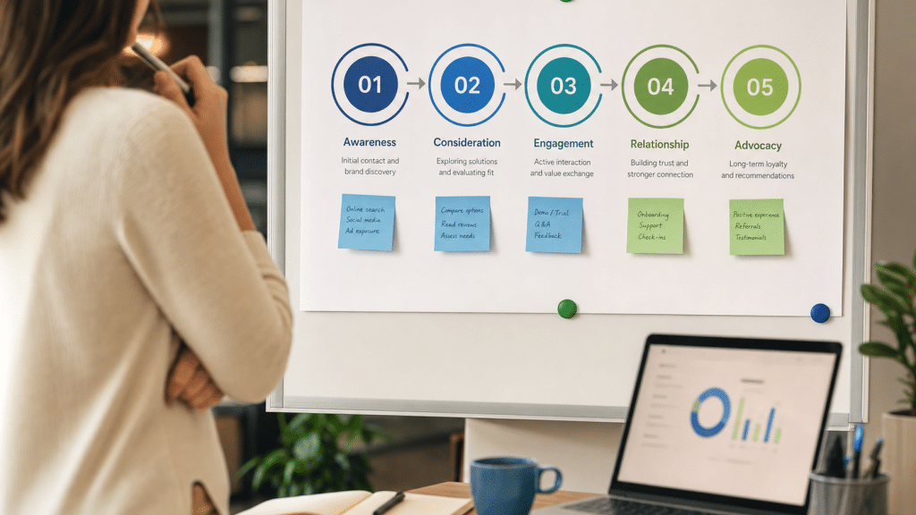 crm lifecycle stages explained - contact relationship flowchart on whiteboard with stage progression labels
