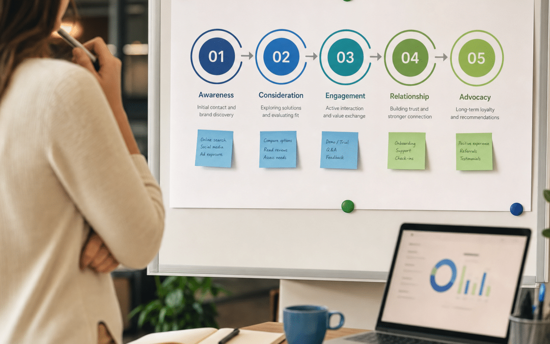 crm lifecycle stages explained - contact relationship flowchart on whiteboard with stage progression labels