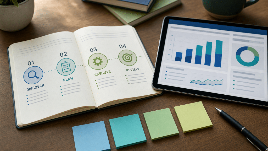 digital marketing maturity model — staged progression chart on a planning notebook with analytics dashboard on a tablet