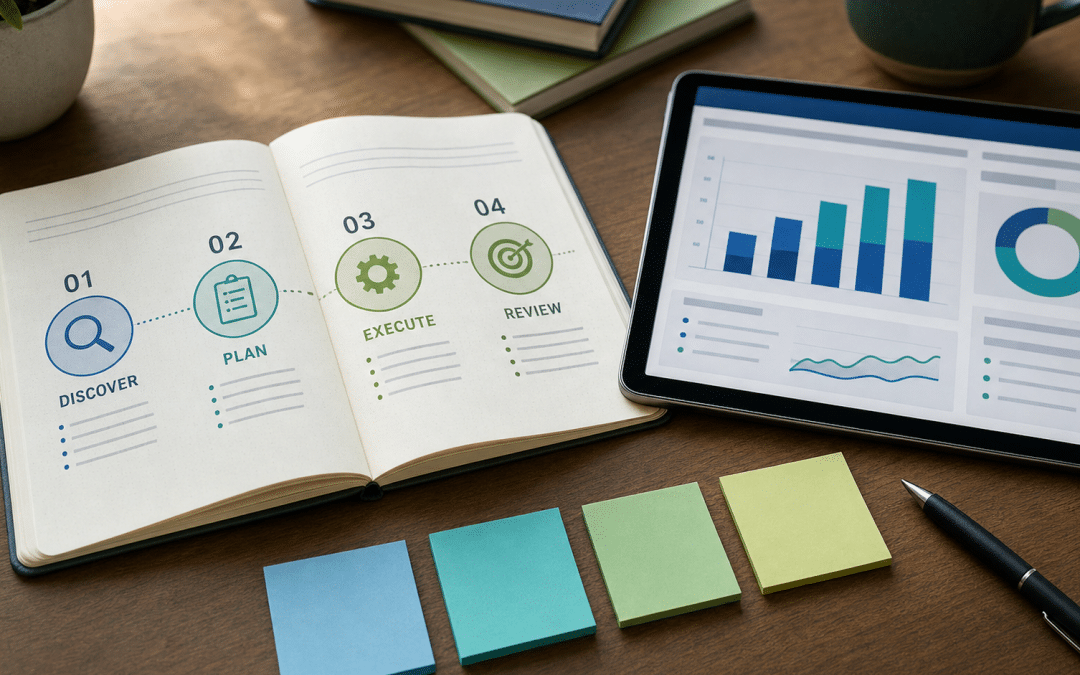 digital marketing maturity model — staged progression chart on a planning notebook with analytics dashboard on a tablet