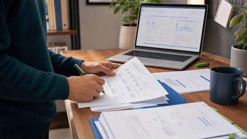 duplicate content seo guide — professional reviewing website audit documents at a standing desk