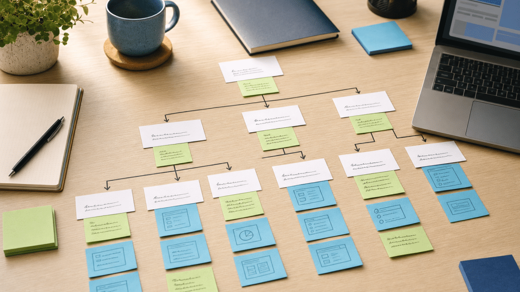 ecommerce collection structure guide — product category hierarchy cards arranged on a desk