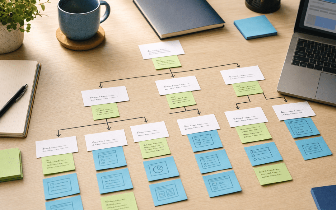 ecommerce collection structure guide — product category hierarchy cards arranged on a desk