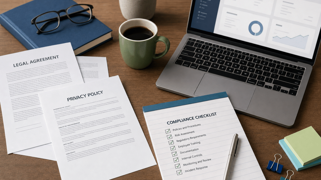 ecommerce disclaimers South Africa — legal compliance documents and checklist flat-lay