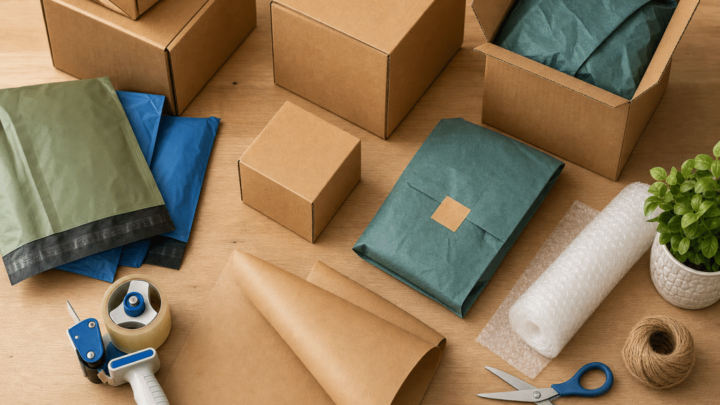 ecommerce packaging costs south africa — flat lay of shipping boxes, poly mailers and packing materials on wooden surface