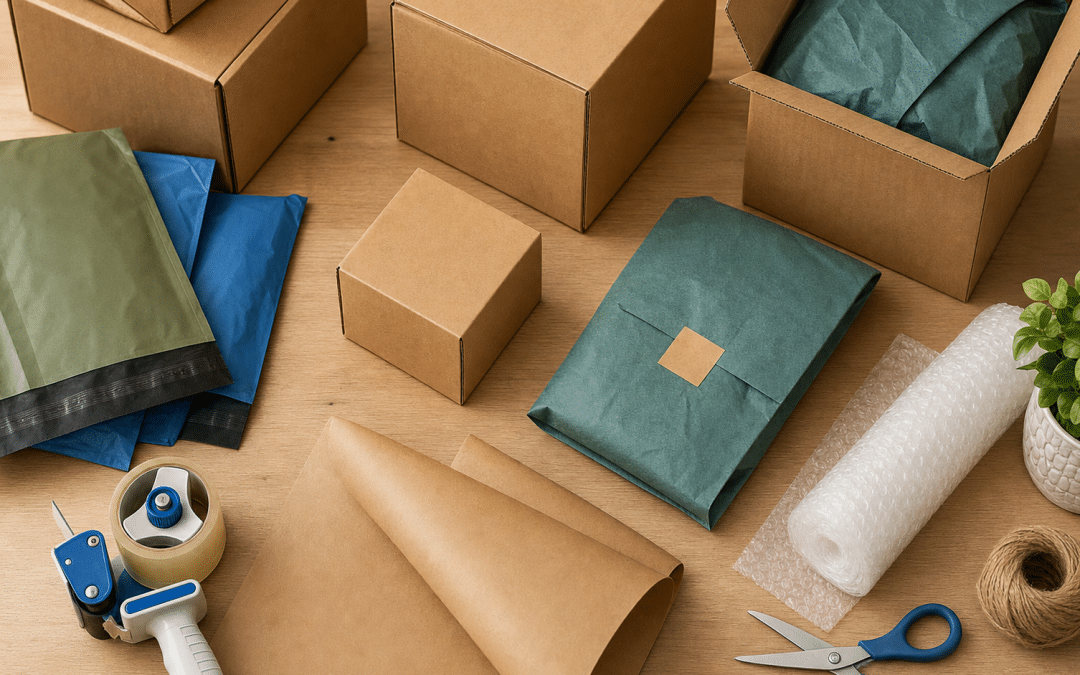 ecommerce packaging costs south africa — flat lay of shipping boxes, poly mailers and packing materials on wooden surface