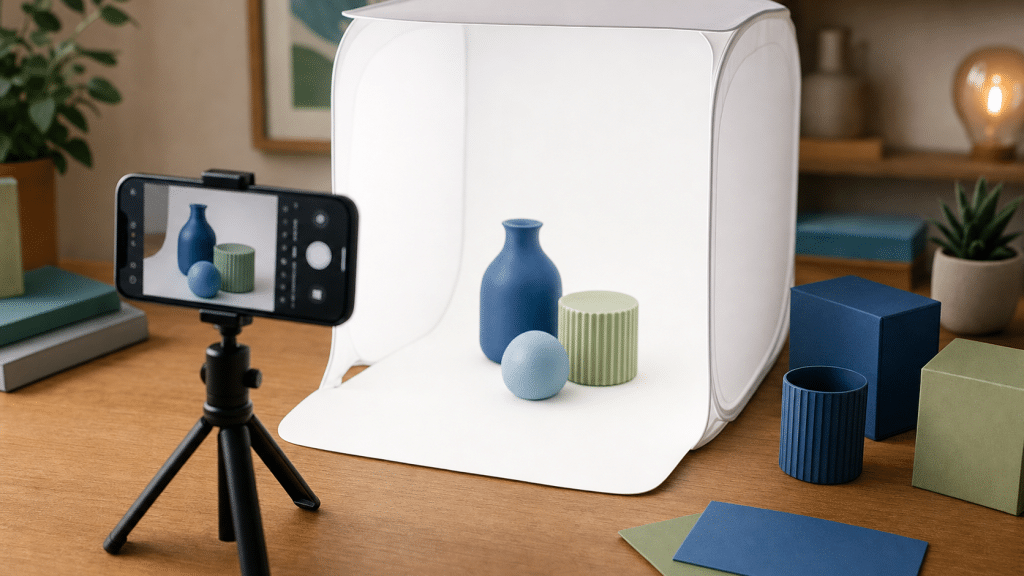 ecommerce photography diy setup with smartphone tripod and lightbox on a wooden table