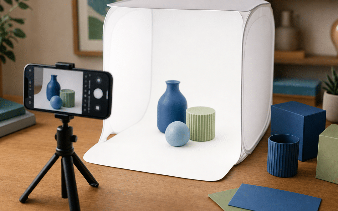 ecommerce photography diy setup with smartphone tripod and lightbox on a wooden table