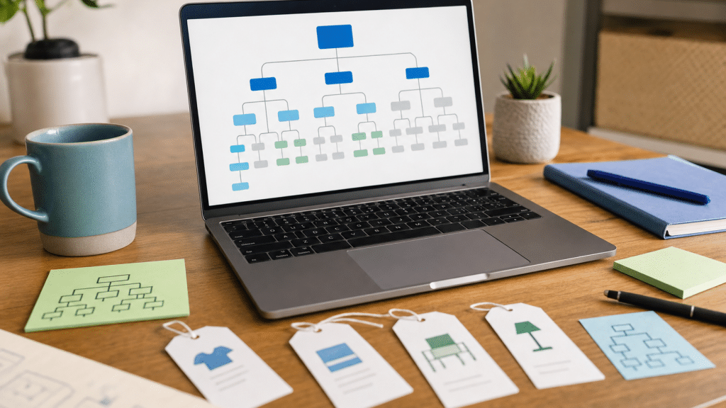 ecommerce product taxonomy guide — laptop showing product category hierarchy on a wooden desk