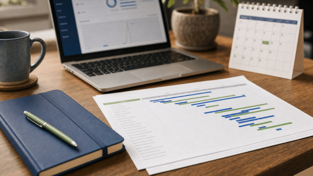 ecommerce project plan South Africa — weekly build timeline on a desk with laptop and planning documents