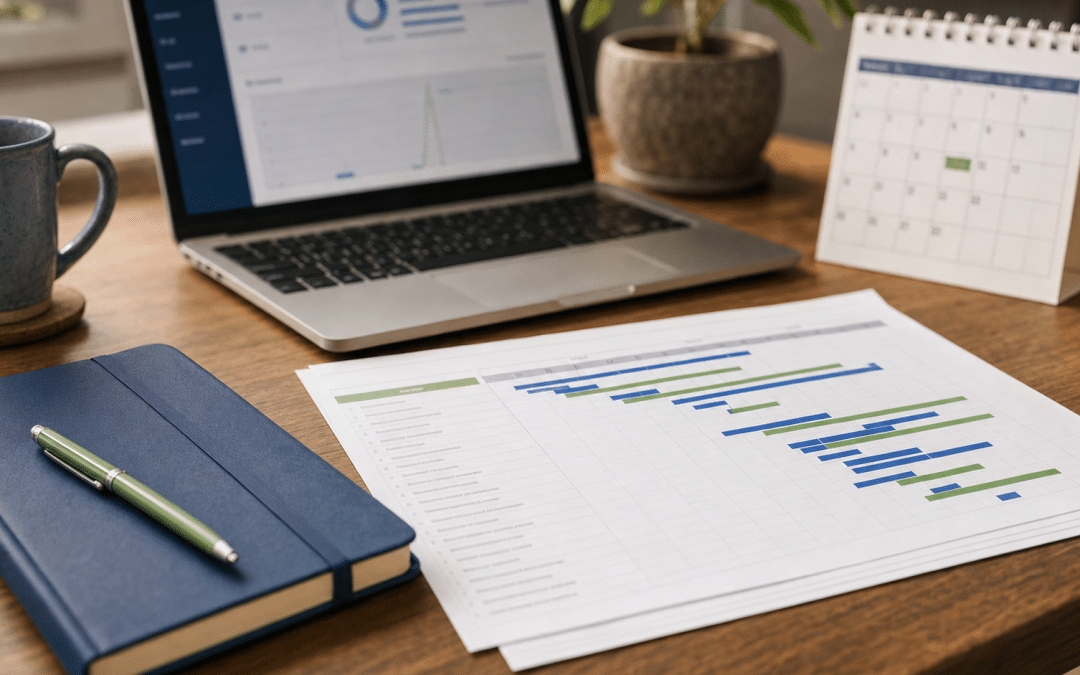 ecommerce project plan South Africa — weekly build timeline on a desk with laptop and planning documents