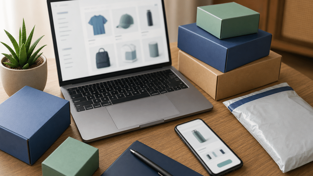 ecommerce website design durban — professional workspace with laptop, product samples and courier packaging on a wooden desk