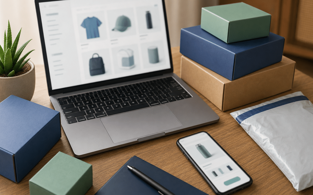 ecommerce website design durban — professional workspace with laptop, product samples and courier packaging on a wooden desk