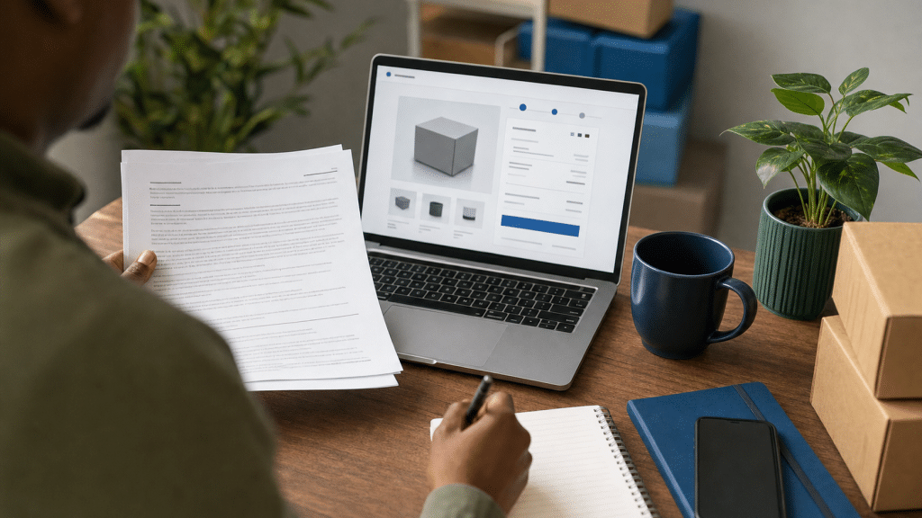 ect act ecommerce — South African business owner reviewing online store legal compliance documents