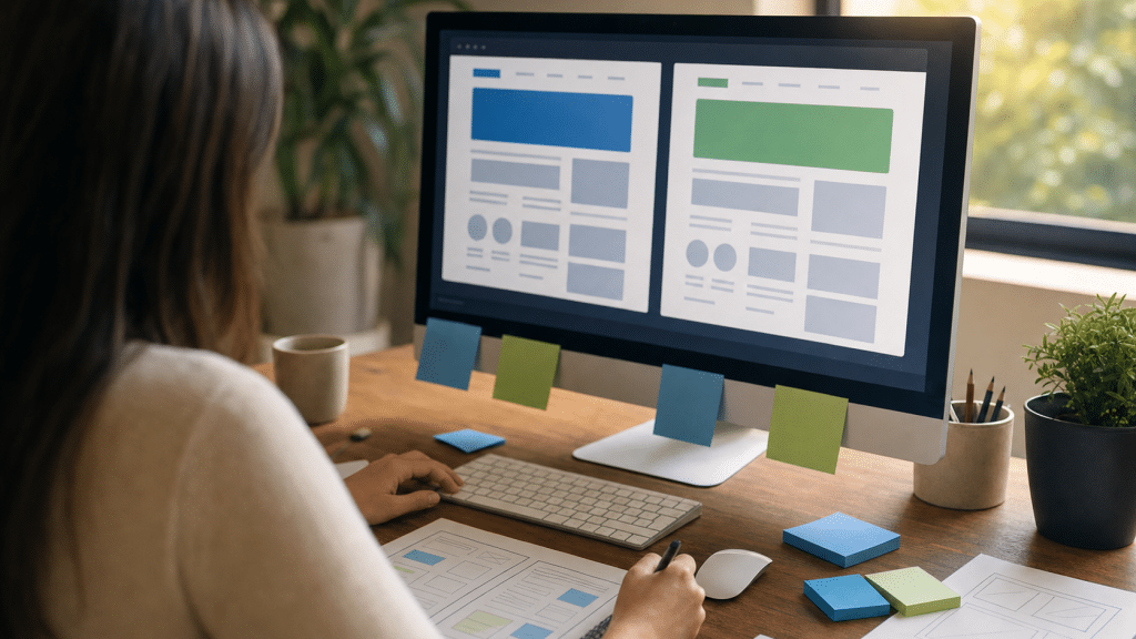 elementor vs gutenberg — a designer reviewing two WordPress page builder layouts on a desktop monitor