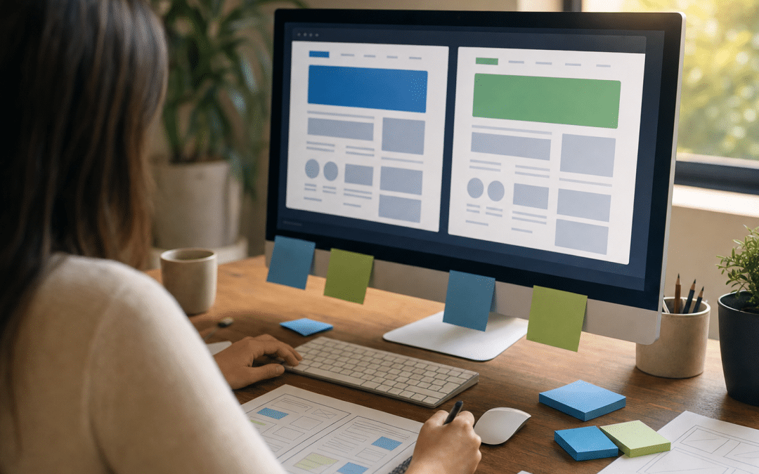 elementor vs gutenberg — a designer reviewing two WordPress page builder layouts on a desktop monitor