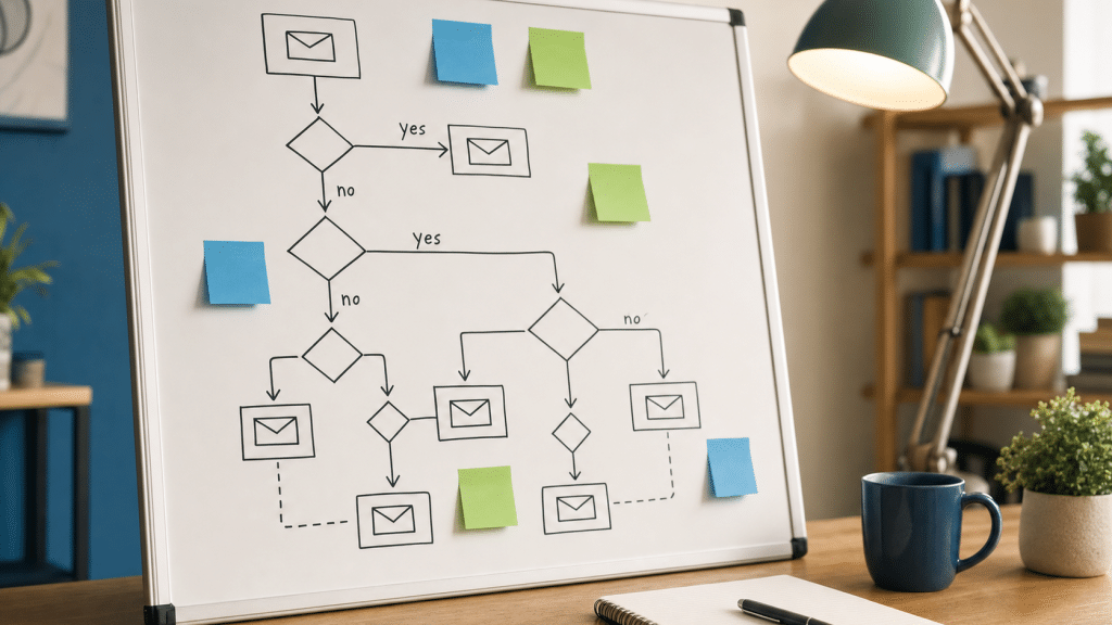 email automation workflow mapping — whiteboard flowchart showing email sequence triggers and decision branches
