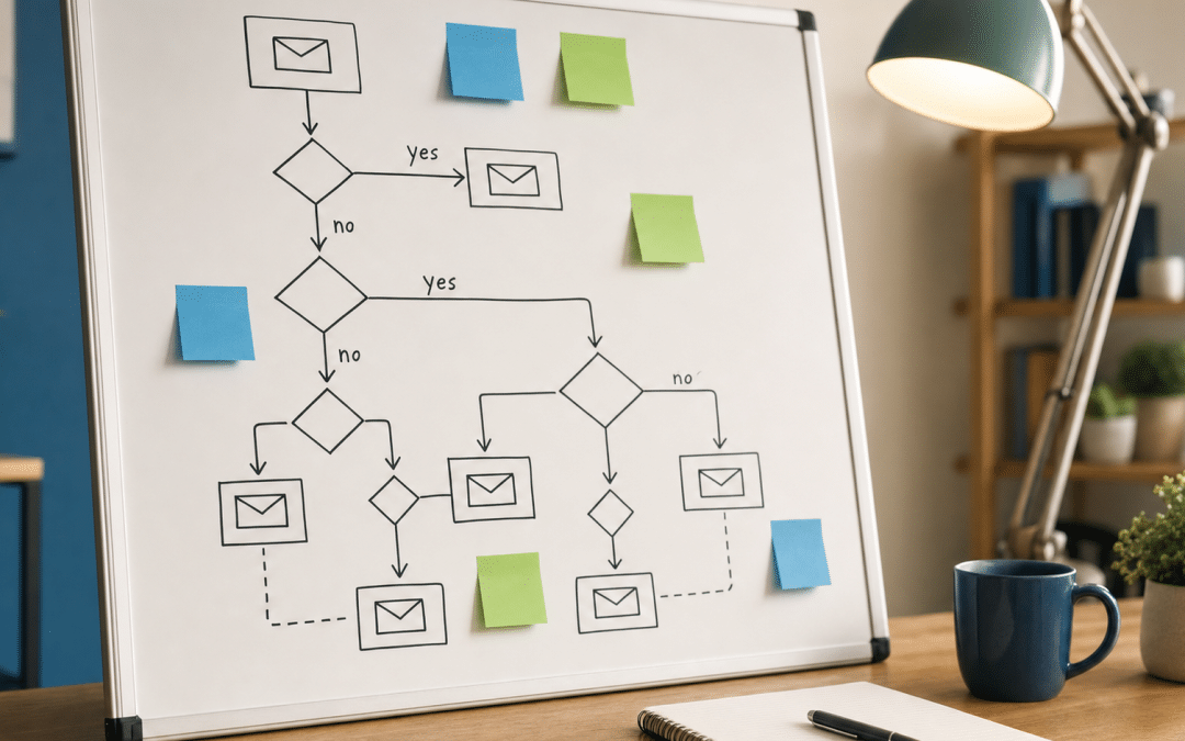 email automation workflow mapping — whiteboard flowchart showing email sequence triggers and decision branches
