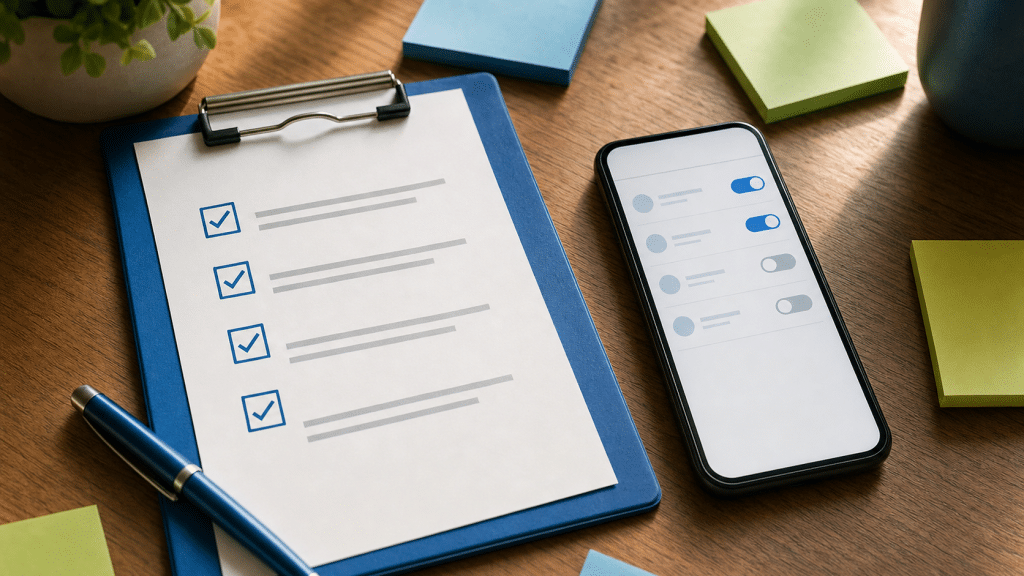 email preference centre guide showing a checklist clipboard and notification toggles on a desk