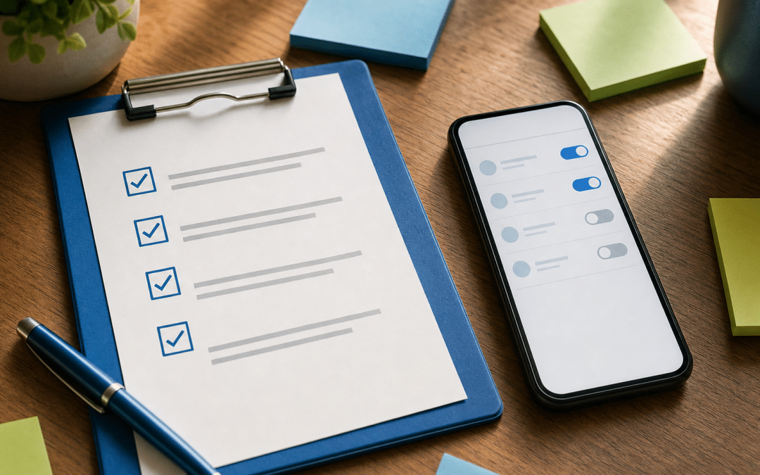 email preference centre guide showing a checklist clipboard and notification toggles on a desk